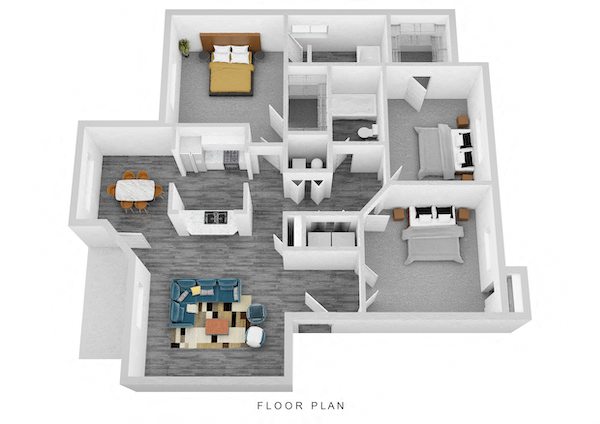 Floor plan for 3 beds, 2 baths, 1255 sqft